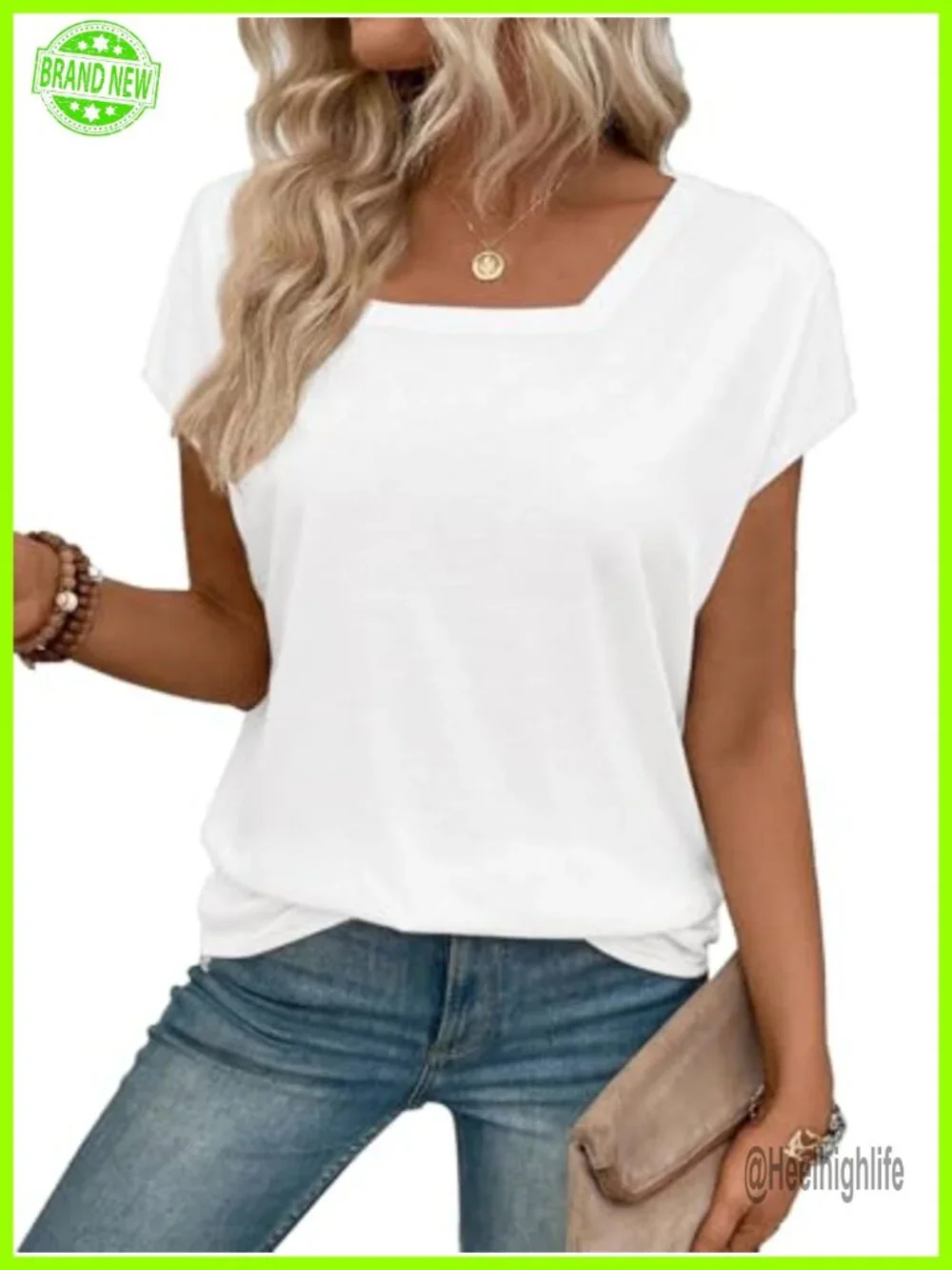 Women's Square Neck Short Sleeve Tee Casual Basic T-Shirt